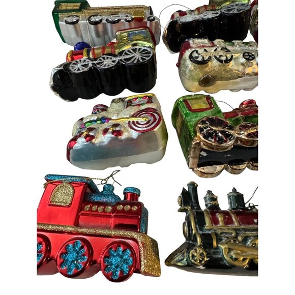 Glass Train Railroad Ornaments Set Of 12 Multicolor Hand-Painted Holiday Decor V - Picture 7 of 10